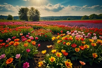 Obraz premium field of tulips and blue sky
