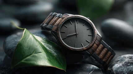 A close-up of a luxury watch made from recycled metal and a sustainable wooden strap.
