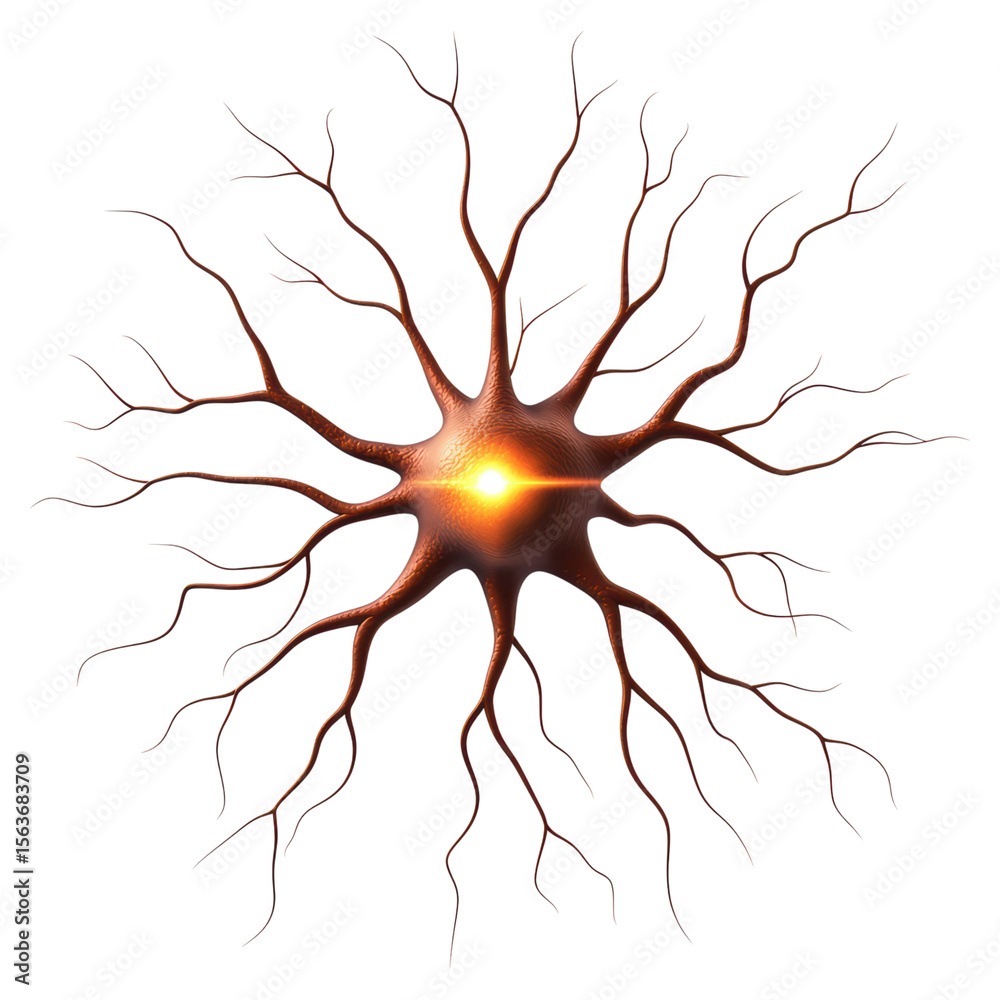 Poster abstract representation of a neuron with vivid colors and intricate details, isolated on transparent