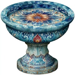 Decorative mosaic fountain with intricate blue and gold patterns.