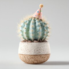 Cactus wearing a party hat in a decorative pot.