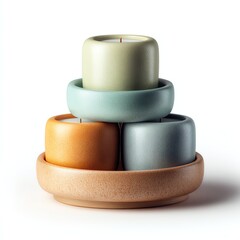 Decorative candles stacked on a dish in pastel colors.
