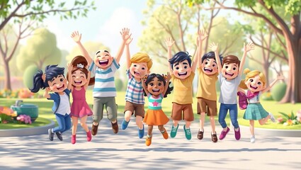 Fototapeta premium Joyful Diverse Kids Celebrate Unity: 3D Cartoon Illustration of Happy Children fun team love group 