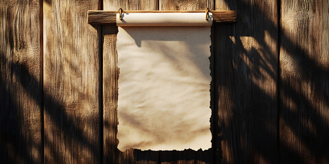 Vintage Blank Paper Scroll Hanging on Wooden Wall in Sunlight 