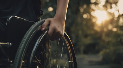 Naklejka premium Individual in a wheelchair gripping the wheel, surrounded by a serene outdoor environment, with soft sunlight filtering through trees, symbolizing resilience and determination