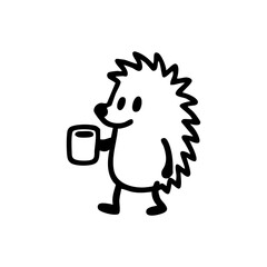 Simple black outline drawing of a hedgehog holding a cup