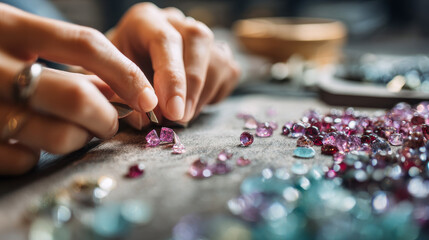 Woman assembling gemstone jewelry by hand in a home studio--highlighting the artistry and craftsmanship
