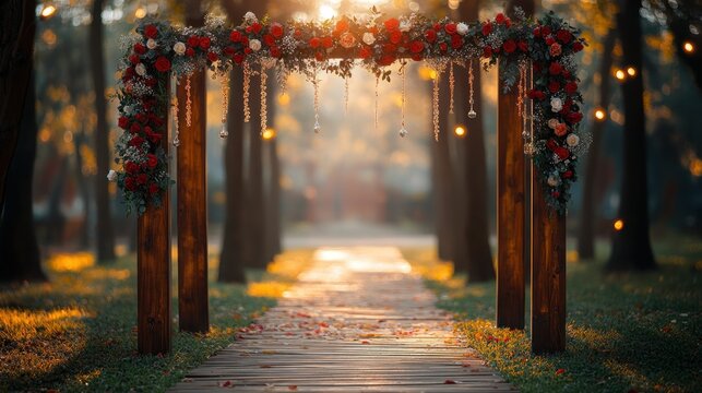 Floral-draped archway leading into blurry, sunlit nature