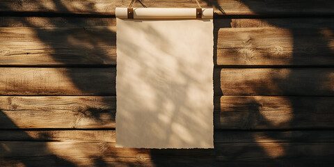 Vintage Blank Paper Scroll Hanging on Wooden Wall in Sunlight 