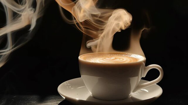 A steaming cup of coffee on a dark background.
