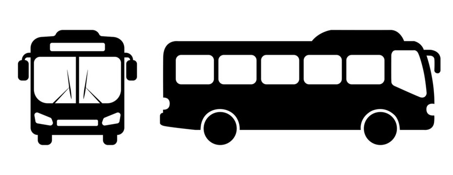 Bus icon set. Front and side view of a simple black bus silhouette. Ideal for transportation, travel, or city-related designs.