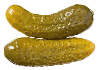 Whole pickles (pickled cucumbers) isolated on white background, top view.