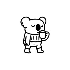 A koala wearing a striped sweater and holding a coffee cup, in a simple, black-line drawing style