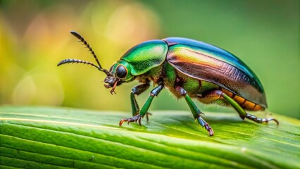 Naklejka premium Vibrant Green Beetle Crawling on Lush Green Leaf in a Natural Setting