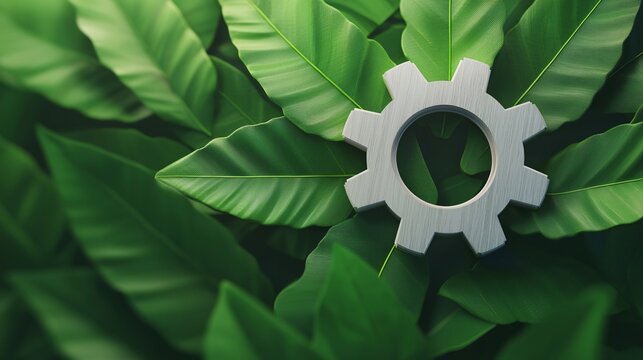 A conceptual artwork depicting interlocking gears made of natural elements like wood and leaves, symbolizing the cooperative effort required for sustainable development and environmental stewardship