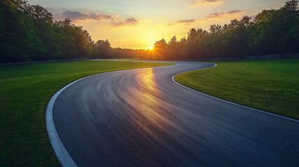 Serene asphalt curves through green fields reflecting golden sunset radiance near dense forest edges