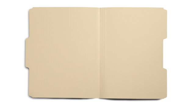 Transparent Background: An open manila file folder, presenting blank pages perfect for organization, documentation, or illustrating business and office concepts.

