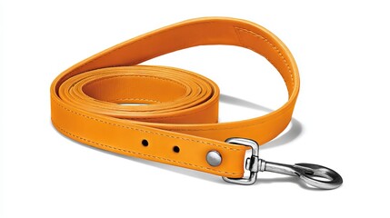 Bright orange leather dog leash coiled neatly on a white background, showcasing its sleek design and durable metal clip for pet owners seeking quality accessories