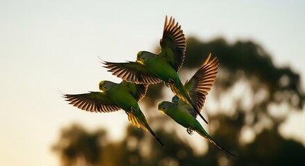 Several small green parakeets flying in formation during golden hour with trees and sky in the background evoking freedom and nature