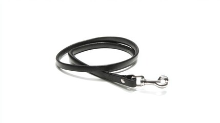 Black leather dog leash with a metal clip, elegantly coiled on a white background, showcasing craftsmanship and durability for pet owners and animal lovers