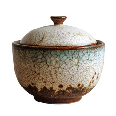 Ceramic sugar bowl with domed lid, cracked white glaze over tan base, handmade irregularities, transparent background, placed on wooden surface for authentic display