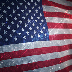 Naklejka premium Waving American flag with a bright upward trending stock market line graph and candle charts overlaid. Generative AI.