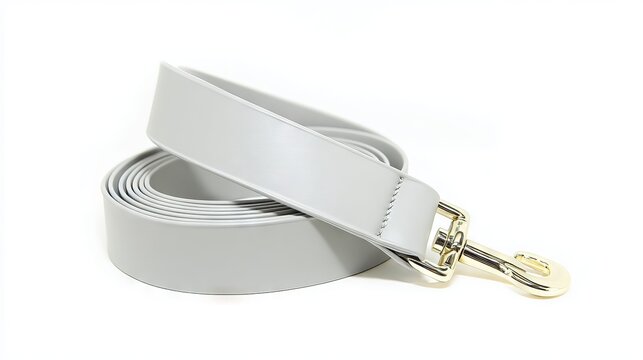 Stylish gray dog leash made of durable material, featuring a shiny gold clasp, coiled elegantly on a white background, perfect for pet owners seeking quality accessories