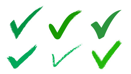 Transparent Background: Hand-Drawn Green Check Mark Vector Set, Various Brush Stroke Styles for Authentic Approval, Done, or Correct Icons in Design.

