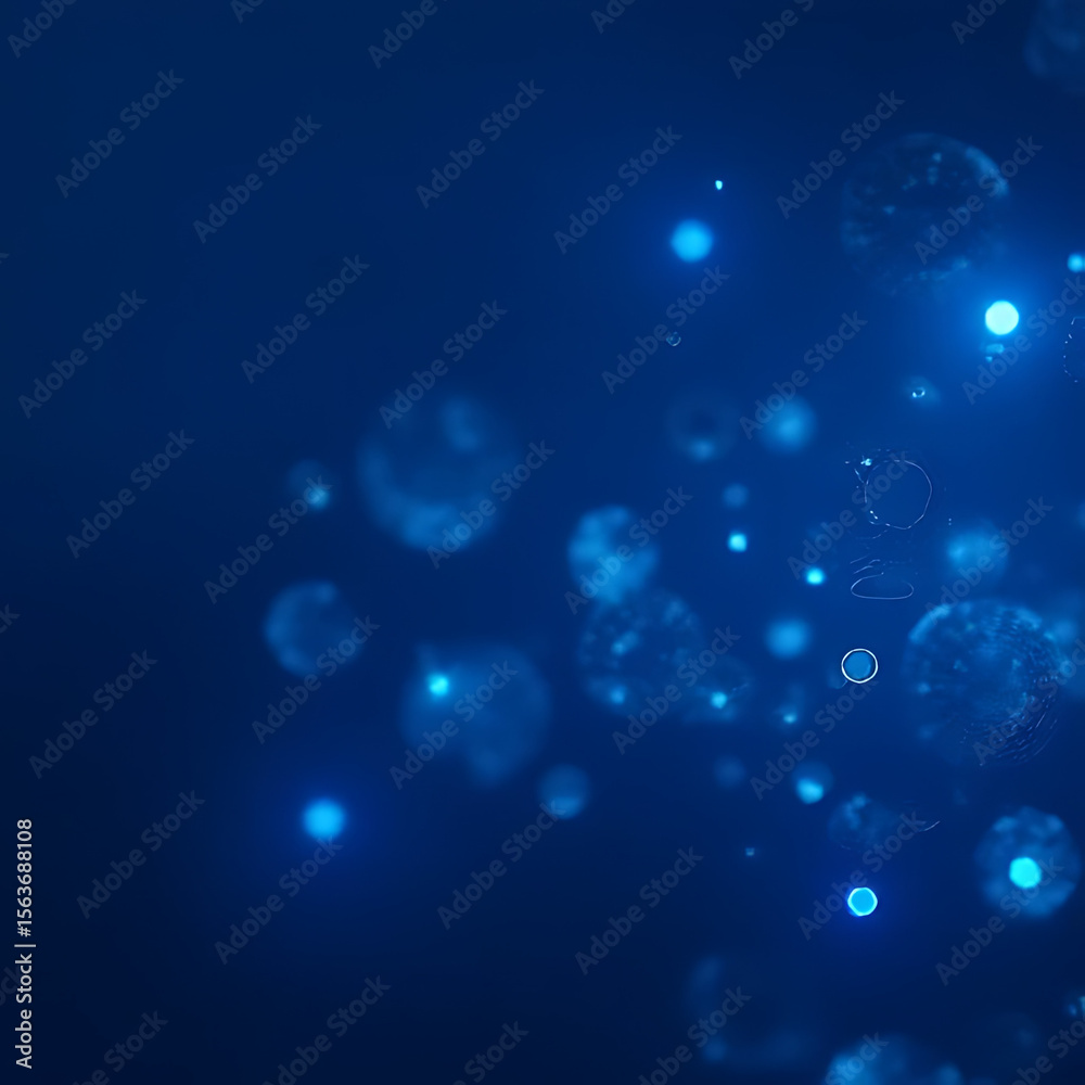 Poster abstract blue background with glowing spheres and dots floating in a dark space with bokeh effect an