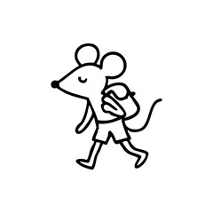 Simple black line drawing of a mouse wearing shorts and carrying a backpack