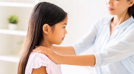 Obraz premium Young girl receiving gentle guidance and support from a caring adult, showcasing a nurturing relationship in a bright, inviting indoor environment with soft lighting