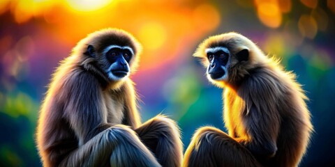 Fototapeta premium Golden Hour Primates Two Gentle Gibbons Bask in the Warm Sunset Glow