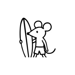 A cartoon mouse wearing shorts, holding a surfboard
