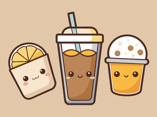 Kawaii Drinks Cute Cartoon Lemonade Iced Coffee and Boba Tea with Adorable Faces Three kawaii style
