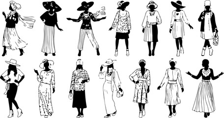 Elegant Silhouette Fashion Set: Women in Chic Outfits and Stylish Hats