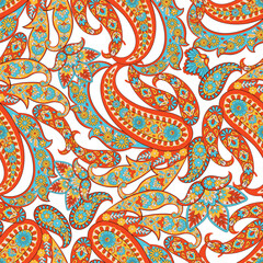 Paisley seamless vector pattern with fantastic flowers and leaves. Bohemian textile print inspired by batik. Vintage style
