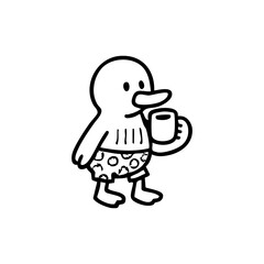 Black and white cartoon duckling in swim trunks holding a cup