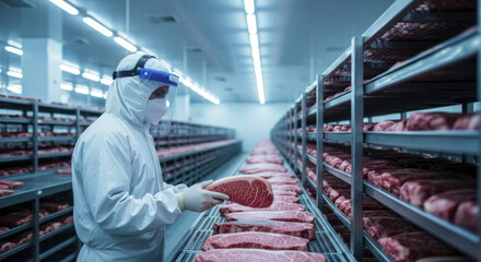 Fototapeta premium Expert technician in biohazard suit inspecting raw beef in a cold storage facility