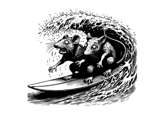 Animals Surfing Engraved Hand Drawn Natural Illustration Vector Isolated by AZ for Books, Arts, Design and Decoration Graphic Asset