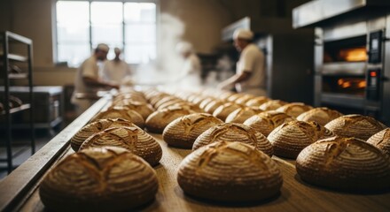 Freshly baked artisanal bread loaves on a conveyor belt in a commercial bakery