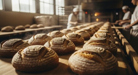 Freshly baked artisanal bread loaves with unique crust patterns on a warm wood rack in a bakery
