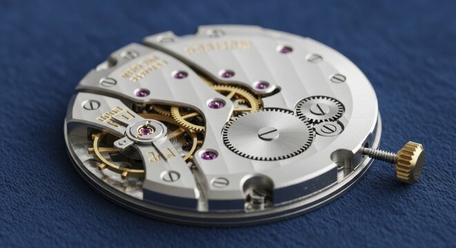 Precision mechanical watch movement with intricate gears and springs, detailed high resolution view