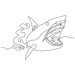 Continuous line of great white shark fish underwater sea ocean marine wildlife animal sketch drawing editable stroke vector illustration