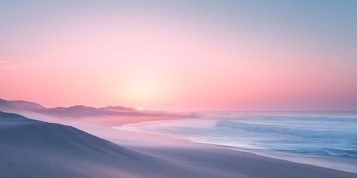 Serene beach landscape at sunrise with gentle waves and desert dunes under pastel sky romantic coastal scene