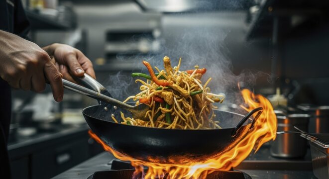 Professional chef rapidly tossing stir fried noodles in a sizzling wok with high flames - Powered by Adobe