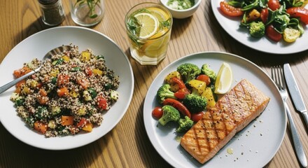 Fototapeta premium Healthy balanced meal with grilled salmon, colorful quinoa salad, and fresh vegetables on a wooden table