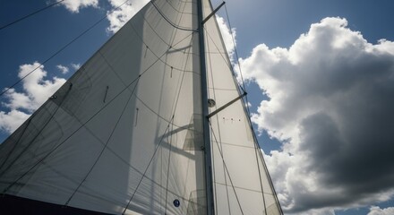 Fototapeta premium White canvas sails of a sailboat against a vibrant blue sky with puffy clouds