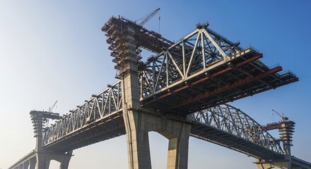 Massive modern bridge under construction with steel truss framework and concrete pylons against blue sky