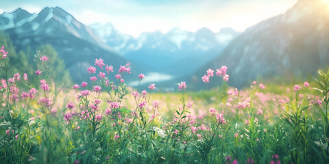 Wildflower Meadow with Mountain View at Sunrise