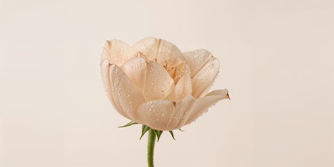 Close up of a pale pink rose with water droplets on its petals against a cream colored background